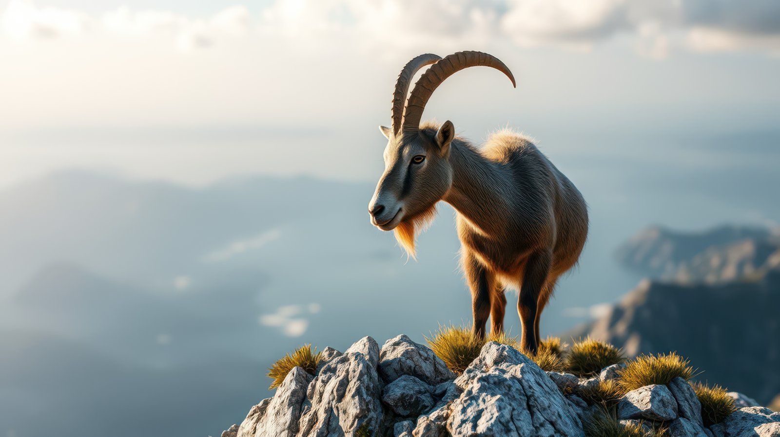 Mountain goat stands majestically on rocky peak overlooking vast landscape during golden hour